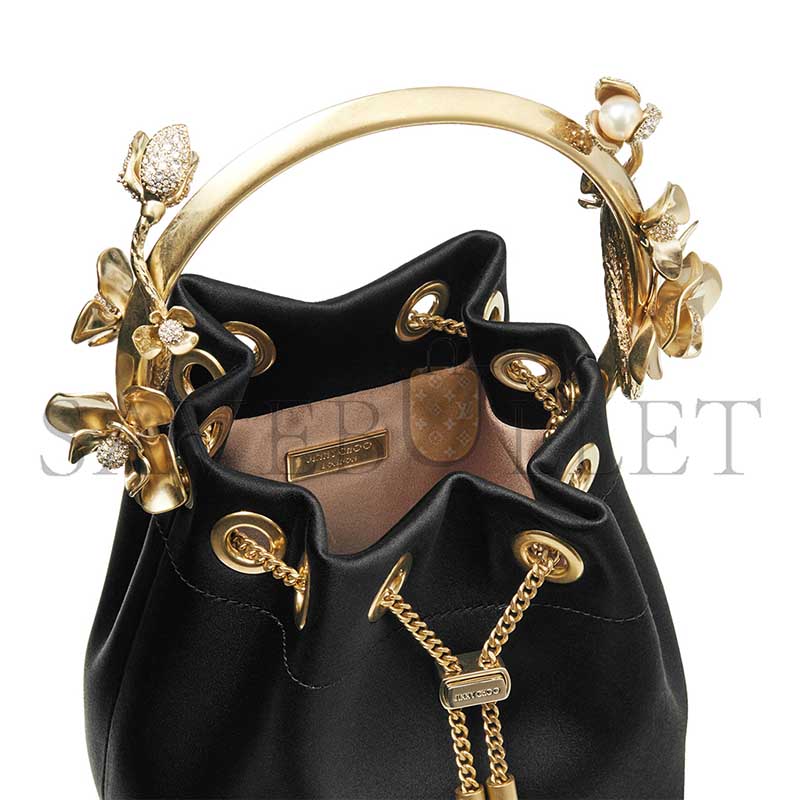 JIMM YCHOO BON BON BLACK SATIN BUCKET BAG WITH METAL FLOWERS BONBONIFE010003 (15*14*9.5cm) JIMM YCHOO BON BON BLACK SATIN BUCKET BAG WITH METAL FLOWERS BONBONIFE010003 (15*14*9.5cm)